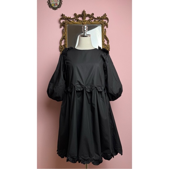En Saison Black Poplin Scalloped Ruffle Tie Babydoll Mini Dress Small - Picture 2 of 11